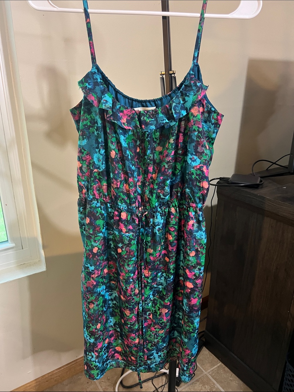 hinge Teal Floral Mini Dress with Pink & Blue Accents
